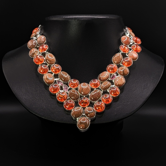 Jewelry - Goldstone and Amber Necklace with Pink topaz accents - stamped 925 *PLEASE READ